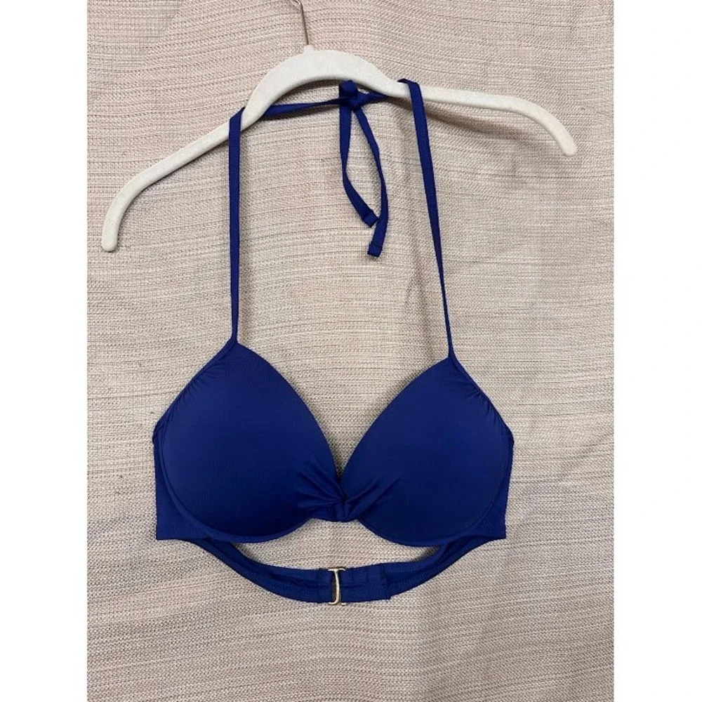 Stylus Royal Blue Underwire Halter Bikini Top Twist‎ Front Padded Size L